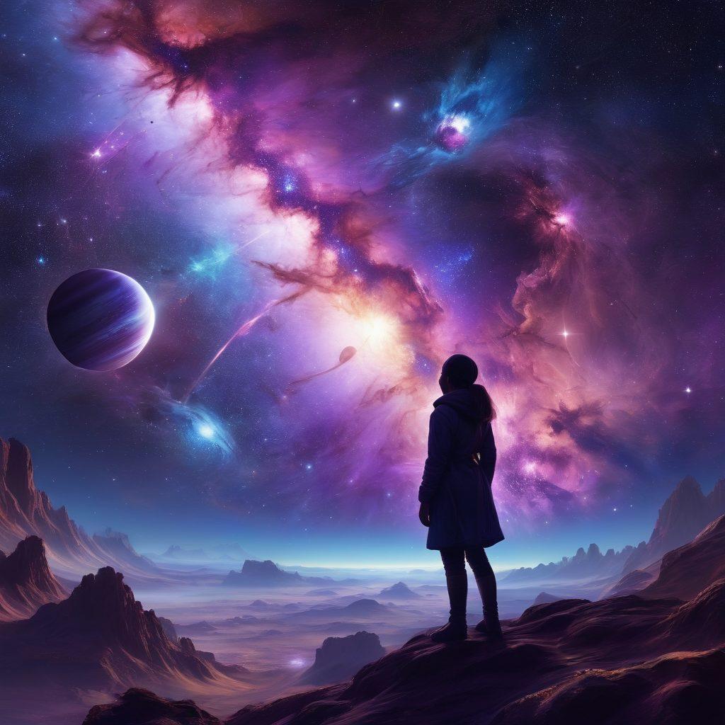 A breathtaking cosmic scene showcasing a vibrant nebula painted in rich hues of purple, blue, and gold, with detailed planets in the foreground. Ethereal light beams radiate from the celestial bodies, illuminating a silhouette of an explorer gazing towards the stars, symbolizing the joy of discovery. Add swirling galaxies and sparkling stars to enhance the magical feel of the universe. super-realistic. vibrant colors. 3D.