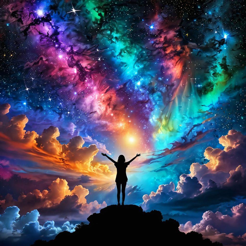A breathtaking vista of a colorful night sky filled with radiant stars and celestial bodies, illustrating a sense of bliss and contentment. Below, a silhouette of a person with arms outstretched, embracing the beauty of the cosmos. Ethereal clouds weaving through the scene, adding depth and dreaminess. Include vibrant colors that suggest harmony and wonder. cosmic art, vibrant colors, 3D.