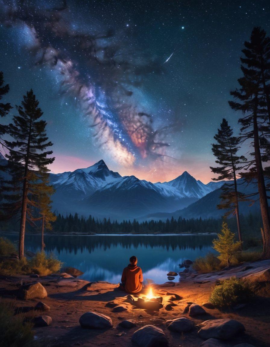 A serene landscape under a starry night sky filled with twinkling stars and a glowing Milky Way. In the foreground, a person lying on a blanket, gazing at the cosmos, surrounded by silhouettes of trees and distant mountains. Soft light from a nearby campfire adds warmth to the scene, with hints of constellations forming above. The overall atmosphere evokes a sense of tranquility and wonder. super-realistic. vibrant colors. 3D.